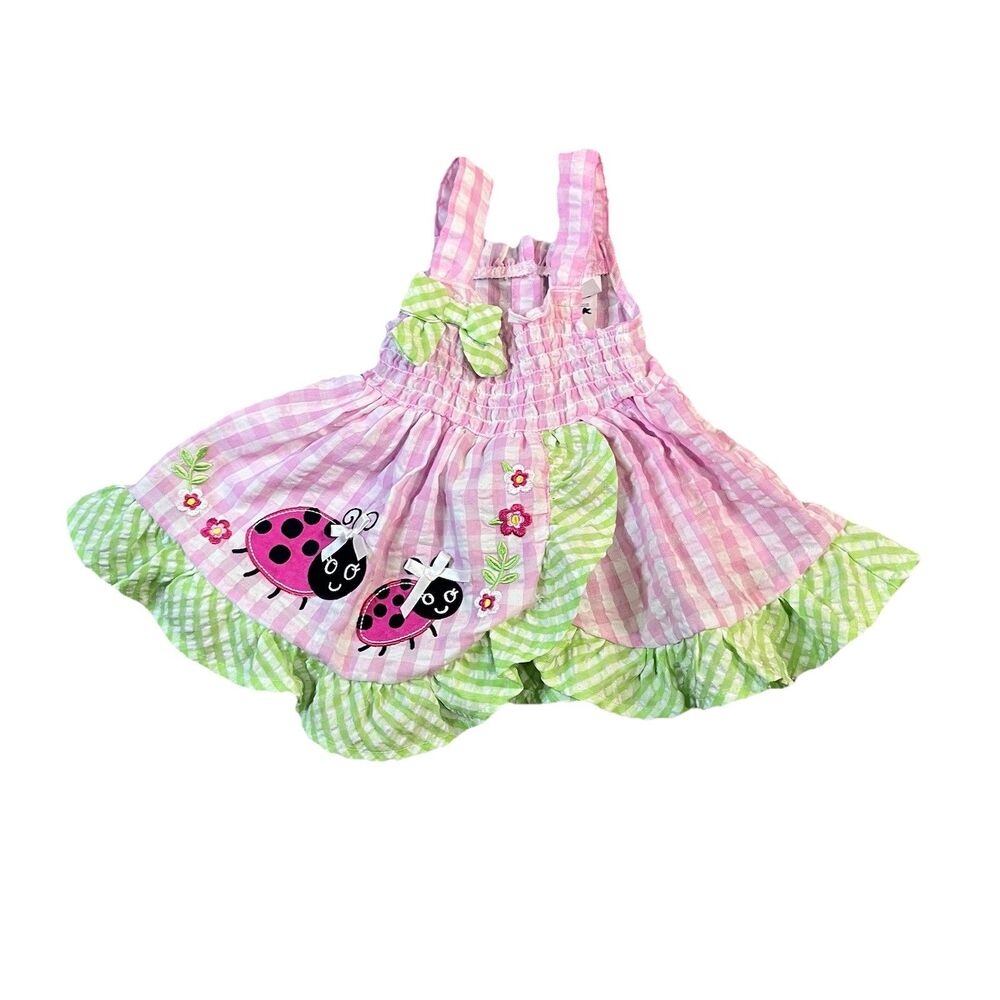 Nanette Baby Pink Plaid Ladybug Ruffle Dress Girls 6/9M Embroidered